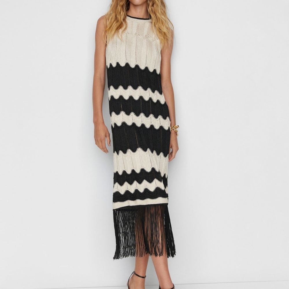Mango Fringed hem dress black and beige XS 2